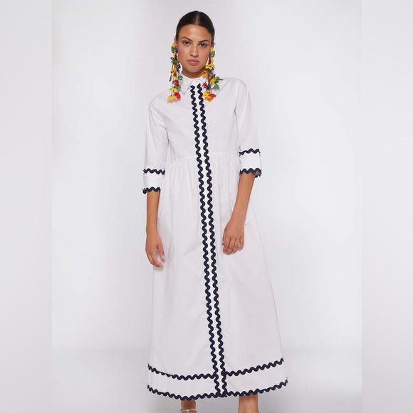 Vilagallo Natalia White Poplin Ricrac Trim Belted Button Down Shirt Dress 44 - Picture 3 of 8